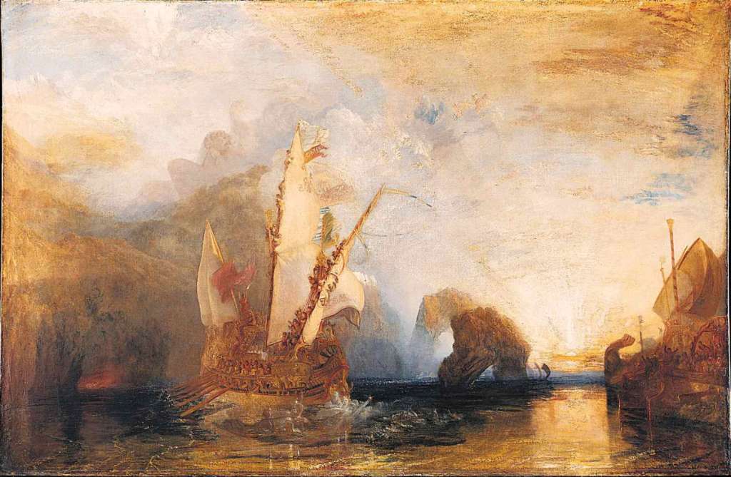 London National Gallery Next 20 15 JMW Turner - Ulysses deriding Polyphemus JMW Turner - Ulysses deriding Polyphemus, 1829, 133 x 203 cm. Ulysses and his men were sailing back from the Trojan War and stopped off at an island to look for food. Suddenly they came face to face with Polyphemus, a ferocious one-eyed giant Cyclops. The giant attacked and ate four of Ulysses men. That night Ulysses heated a sharpened stake in a fire and plunged it into the giants huge eye. They escaped back to their ship and sailed away. Turner has disguised Polyphemus as a mountain top and made the spirits of the sea look like waves in front of Ulysses ship. The horses of the sun god, Apollo, are painted just above the rising sun.